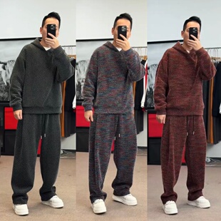 冬季重磅雪尼绒千鸟格连帽休闲套装男防寒保暖休闲卫衣长裤两件套