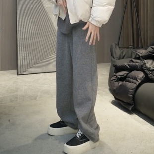 纯色百搭防寒保暖休闲裤 男士 重磅加绒加厚垂感毛呢阔腿直筒裤 冬季