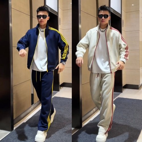 美式潮牌条纹撞色空气层休闲套装