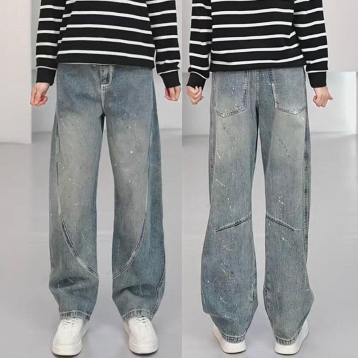 春季水洗复古彩绘泼墨弯刀牛仔裤男女同款亲肤透气弹力直筒休闲裤