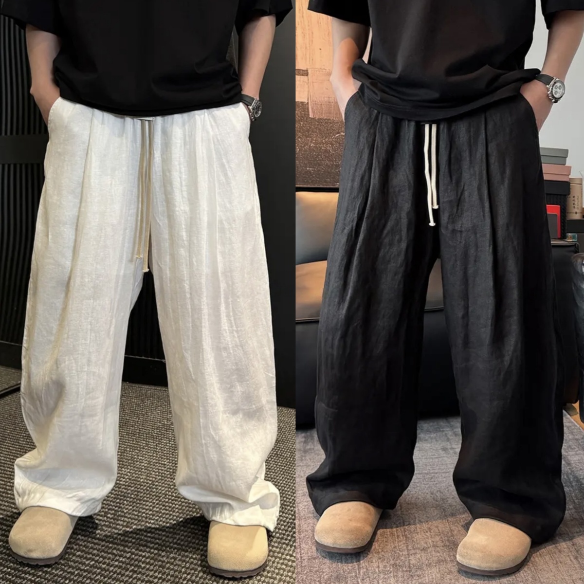夏季薄款男士潮牌肌理感棉麻垂感休闲裤时尚百搭宽松透气直筒长裤