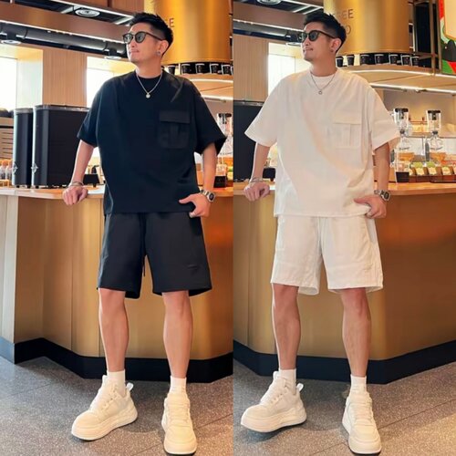 夏季潮牌立体贴袋休闲运动套装男