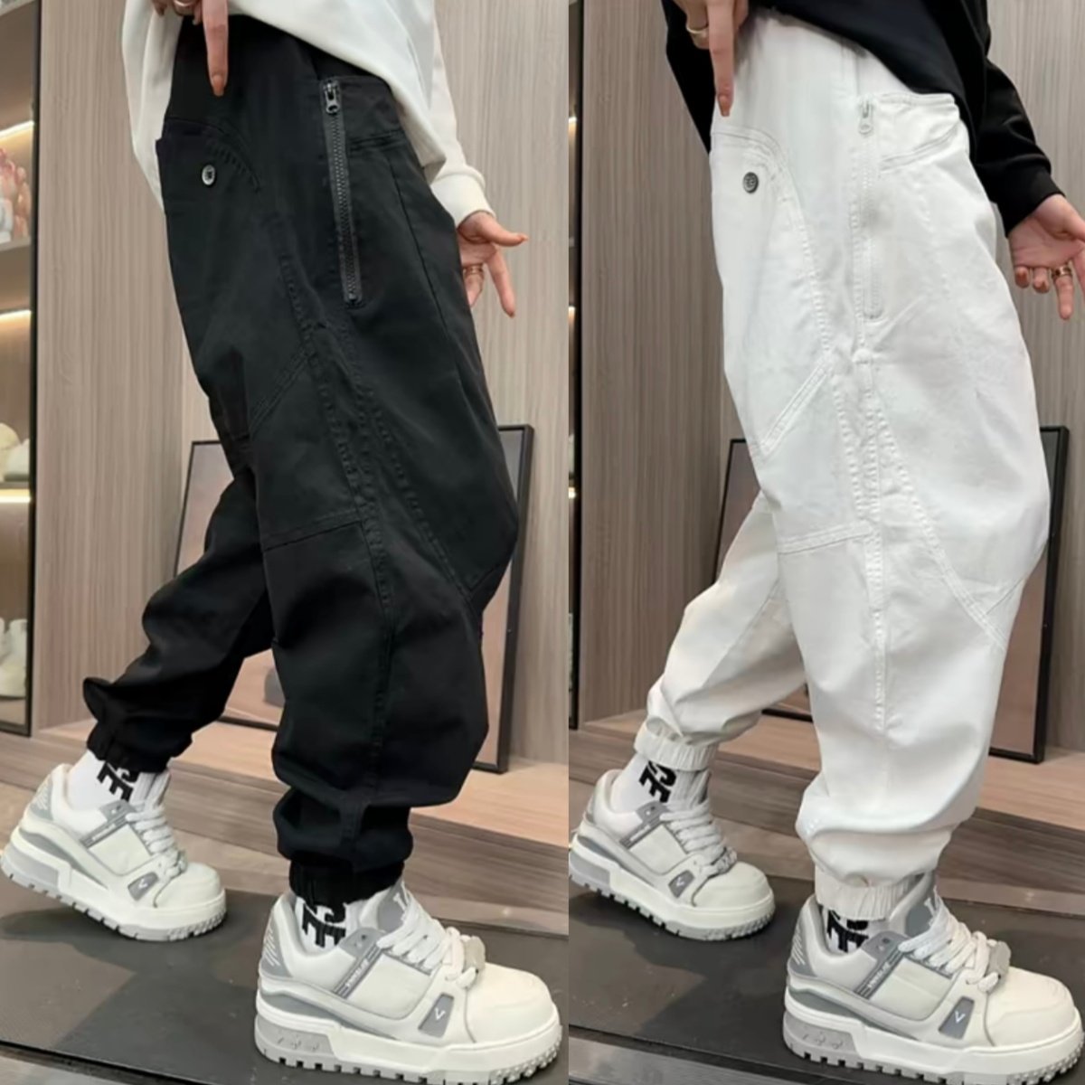 秋季潮牌拼接拉链束脚工装休闲裤男士时尚百搭宽松透气运动哈伦裤,男装,休闲裤,淘宝优惠券,粉丝福利购,淘宝优惠卷