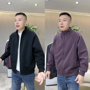 秋冬男士新款高档立领拼接商务休闲夹克外套简约纯色修身开衫卫衣