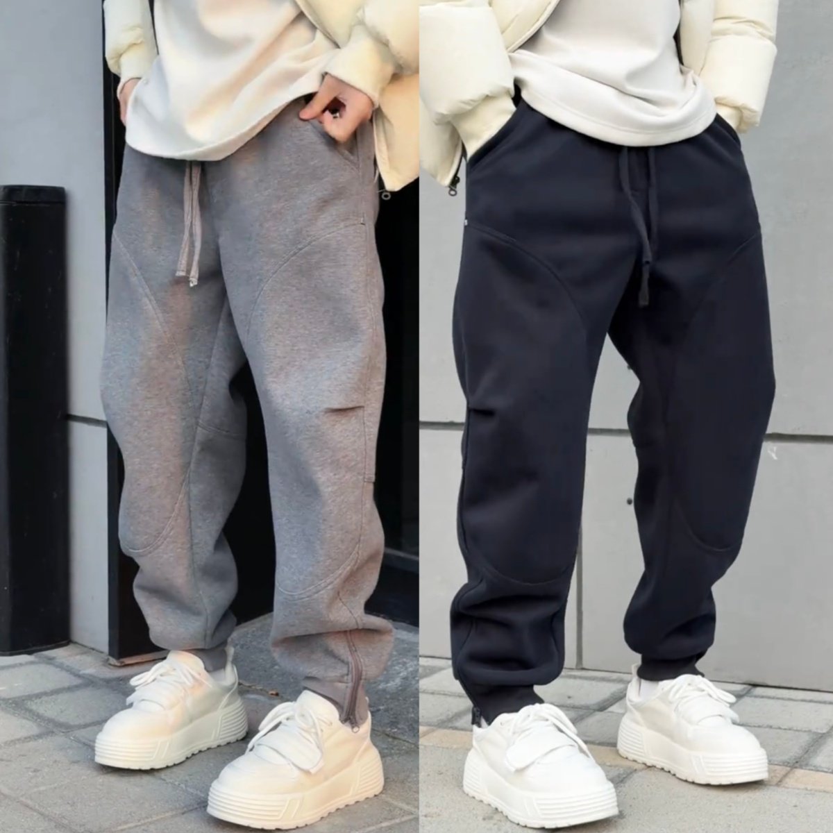 秋冬季加绒加厚束脚拉链休闲卫裤