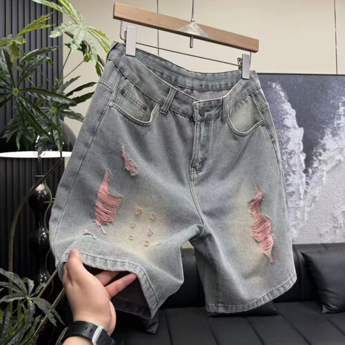 夏季彩色磨破工艺水洗牛仔短裤男