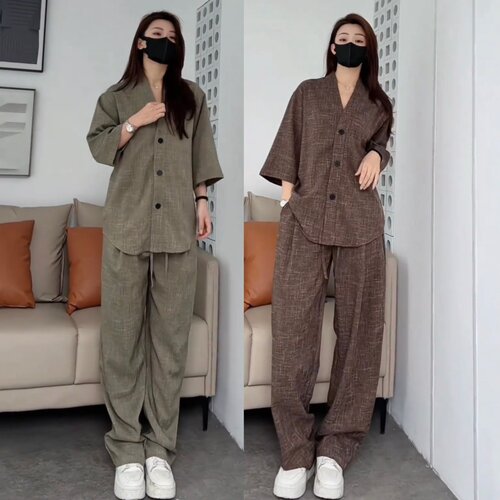 夏季薄款老钱风亚麻时尚休闲套装