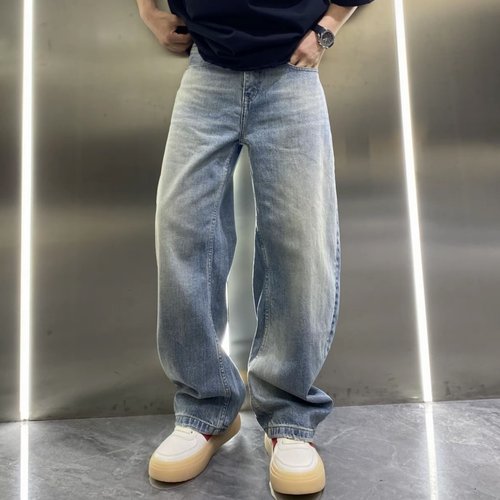 秋季美式复古水洗做旧弯刀牛仔裤