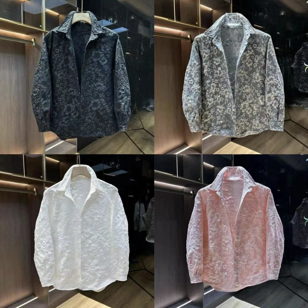 翻领长袖浮雕压花提花衬衫