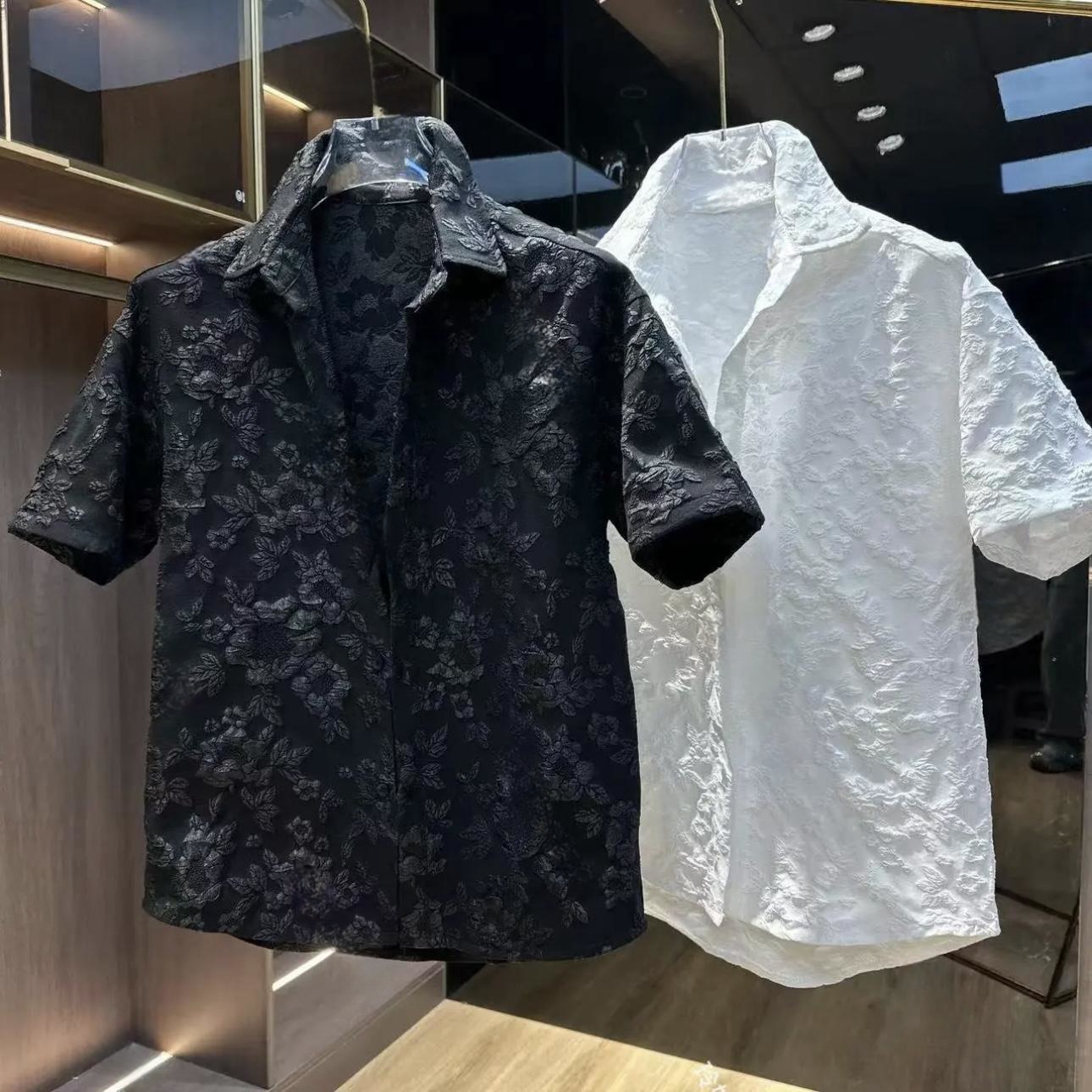 宽松百搭翻领短袖浮雕压花衬衫
