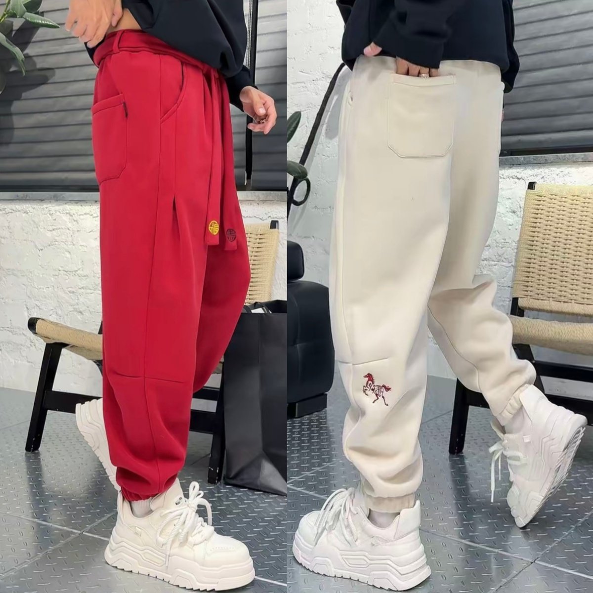 冬季潮牌马上有福刺绣弯刀休闲裤男时尚百搭加绒加厚运动束脚卫裤