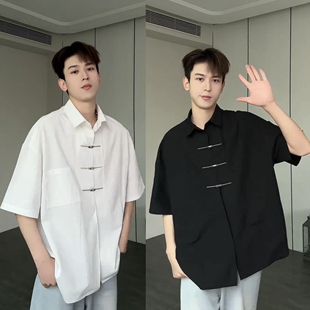 夏季男士新款中式风铁盘口衬衫Polo翻领休闲短袖T恤男女同款衬衫