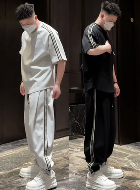 春夏季潮牌拼接条纹休闲运动套装