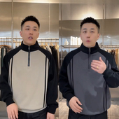 百搭亲肤保暖休闲打底衫 秋冬季 织带拼接云朵绒半拉链立领卫衣男士