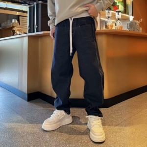 秋冬季美式潮牌多口袋重工水洗弹力牛仔裤男士加厚磨毛直筒休闲裤