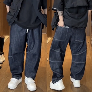 春季男士新款明线色织水洗牛仔休闲裤时尚百搭宽松透气阔版直筒裤