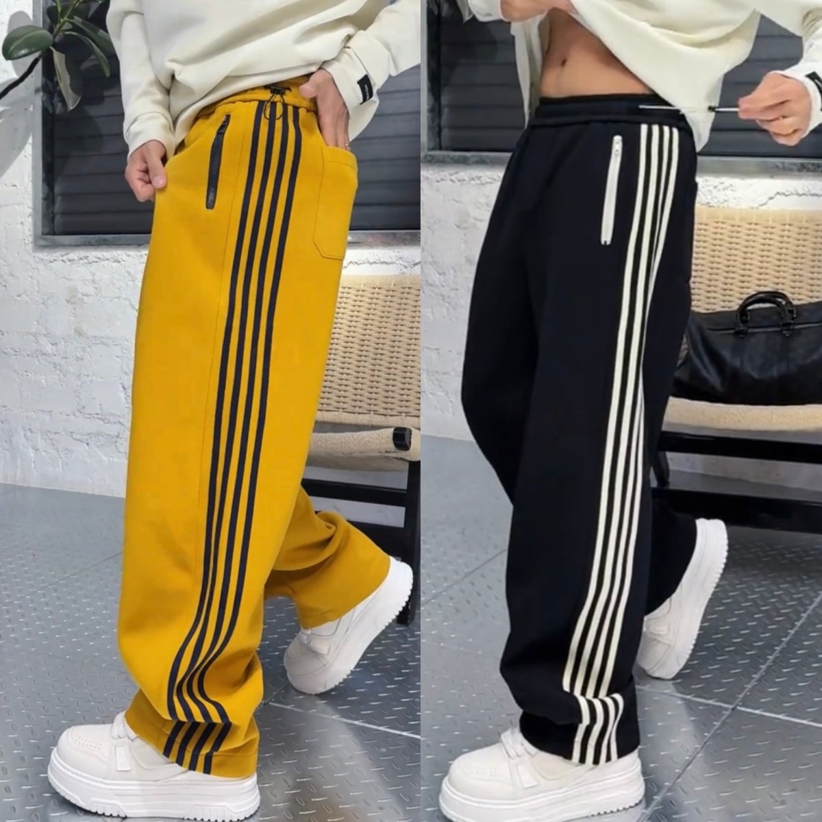 冬季潮牌撞色条纹织带直筒休闲裤男加绒加厚情侣同款运动阔腿卫裤,男装,休闲裤,淘宝优惠券,粉丝福利购,淘宝优惠卷