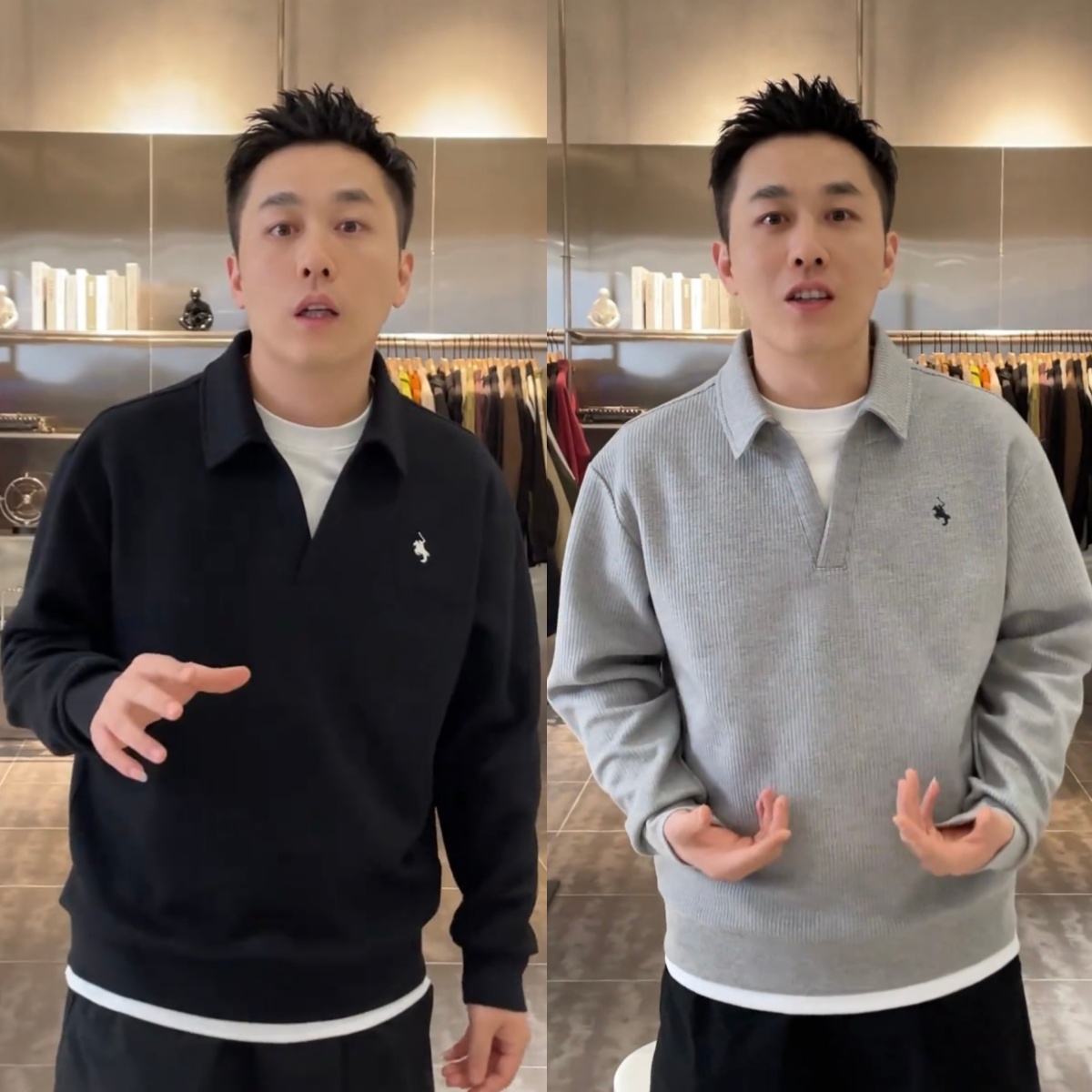 秋冬潮牌拼接假两件刺绣翻领卫衣