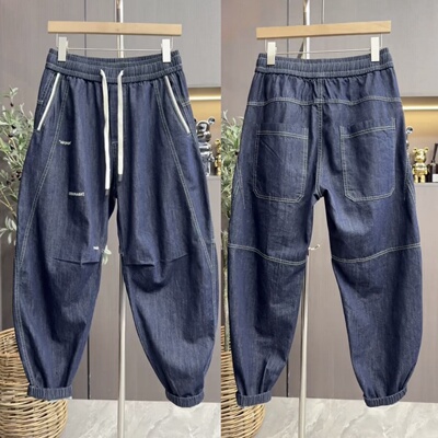 春季重工水洗刺绣字母束脚牛仔裤