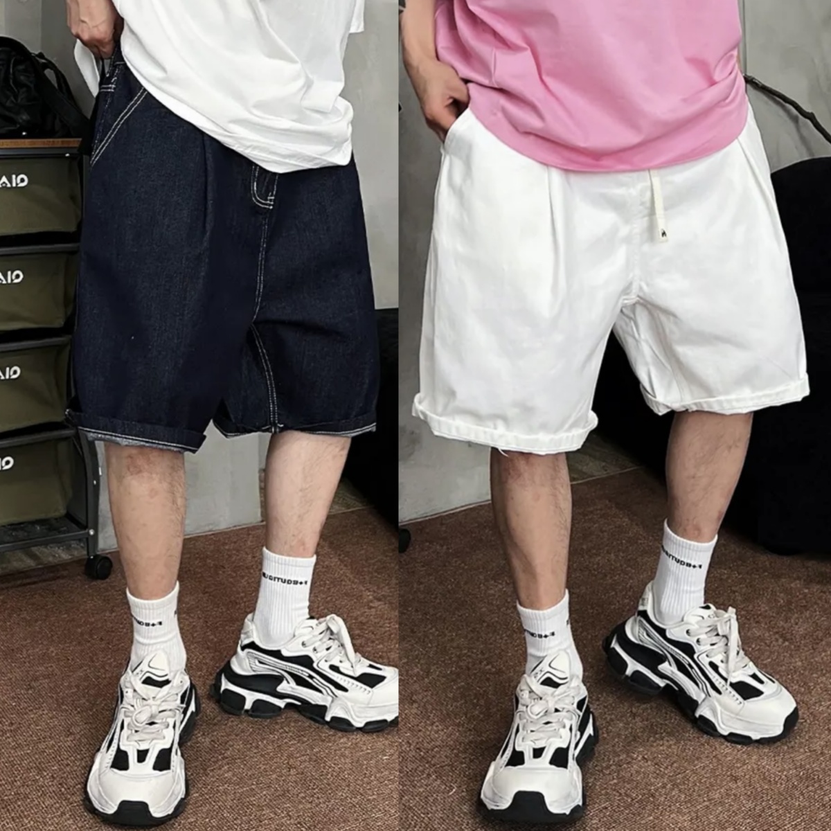 夏季潮牌重工水洗明线牛仔休闲短裤男时尚百搭宽松透气直筒五分裤