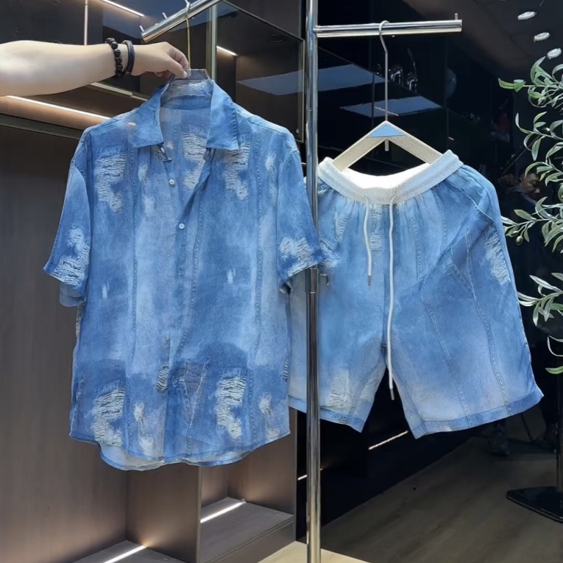 仿真牛仔衬衫短裤轻薄透气两件套