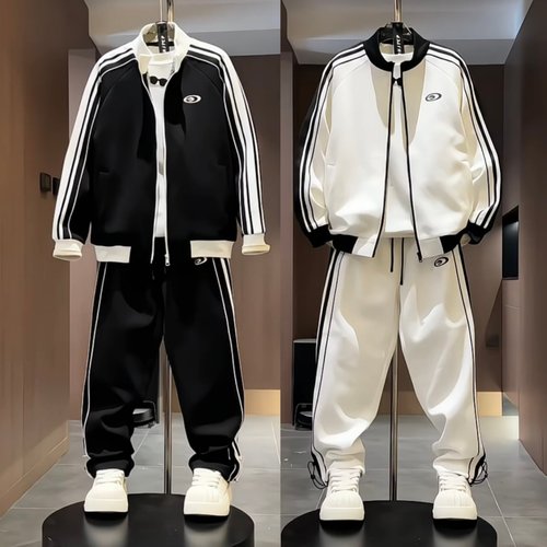 秋冬潮牌条纹拼色空气层休闲套装