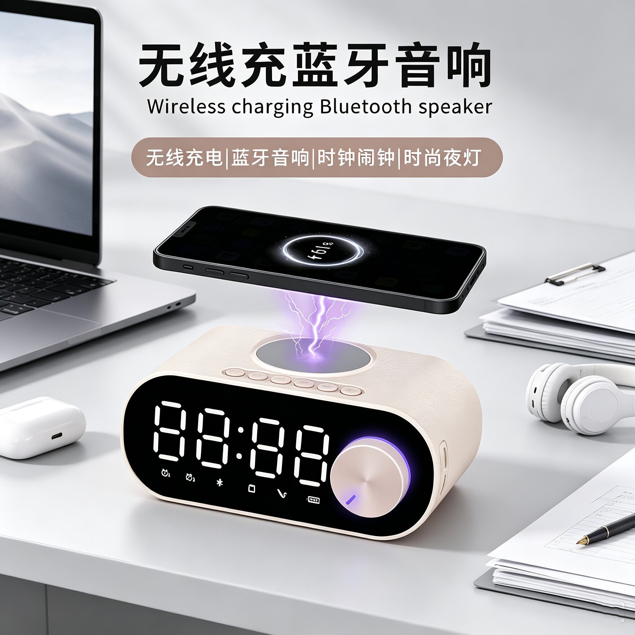 无线充电蓝牙音箱桌面闹钟二合一多功能时钟礼物手机低音炮音响