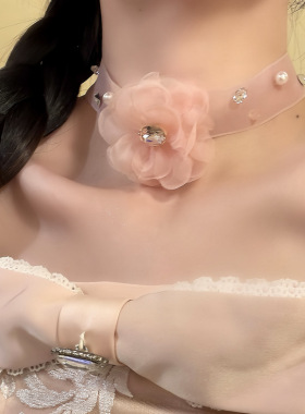 2026新款爆款清新粉色雪纺花朵项链甜美气质颈链纯欲女感百搭项饰