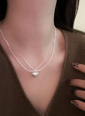 新款双层拉丝爱心吊坠项链精致时尚锁骨链个性休闲风气质百搭项饰