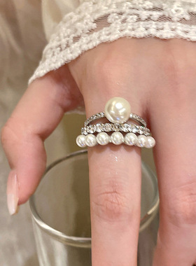 韩国东大门双层珍珠夸张戒指女小众设计叠戴食指戒轻奢高级感指环