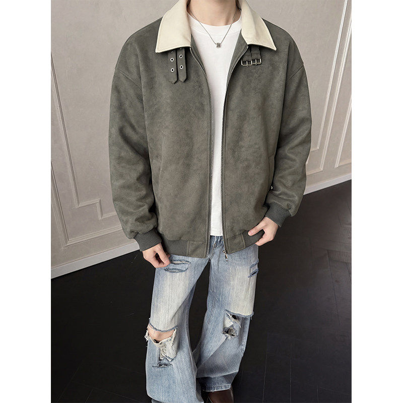 美式复古翻领夹克灰色扎染飞行夹克价长袖复古风宽松型男女通用