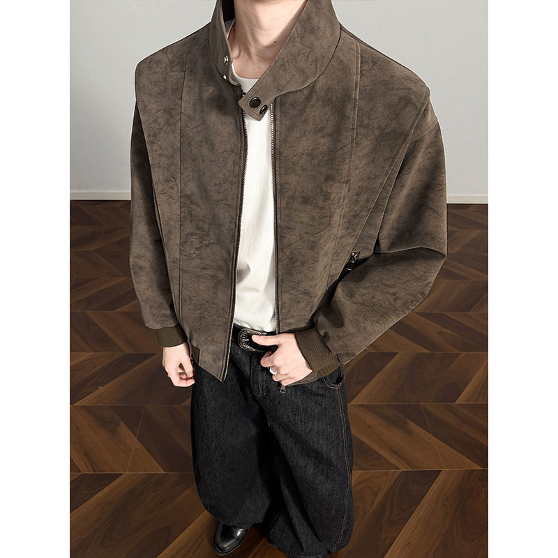 春季新款扎染立领正肩U皮宽松夹克男装外套潮流设计