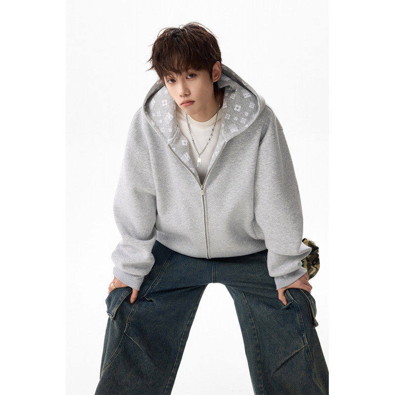 内里印花连帽卫衣春季韩系运动开衫男女外套时尚休闲