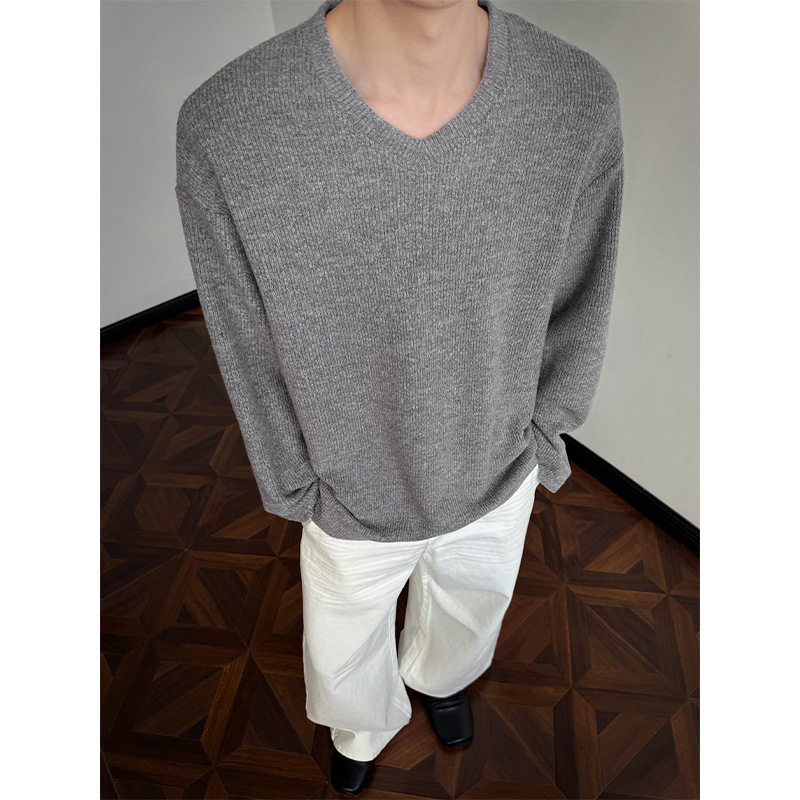 新款重磅V领抓毛肌理感大码长袖T恤男高级设计-