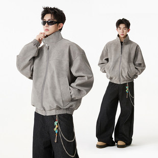 皮衣夹克春季 立领夹克户外复古运动外套