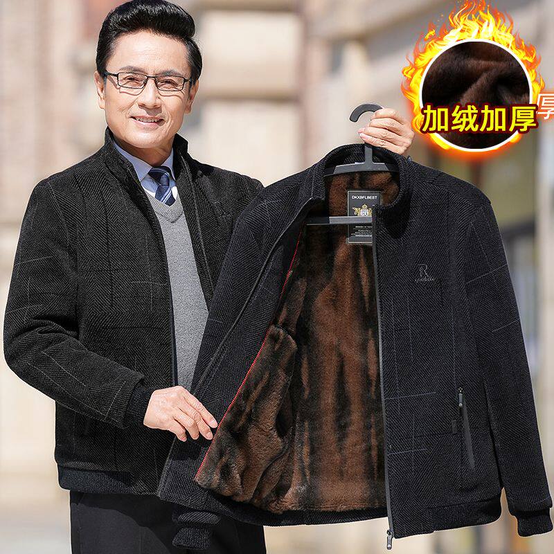 中年爸爸冬装加绒加厚外套男士夹克秋冬季中老年人保暖棉衣雪尼尔