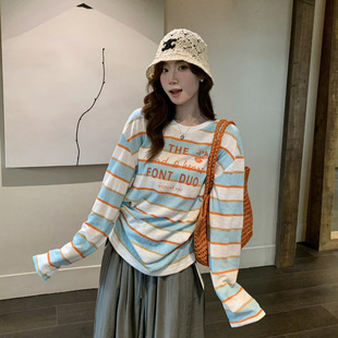 SUSAN夏季韩版慵懒海盐条纹百搭显瘦休闲圆领防晒长袖T恤女Si598
