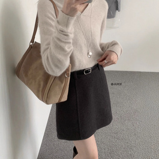 JUICE秋冬休闲风厚毛呢显瘦百搭纯色A字短裙半身裙250323(配腰带)