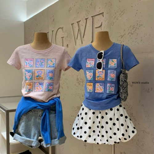 WGWE2026夏季韩系趣味九宫格花卉印花百搭显瘦圆领短袖T恤女W9703