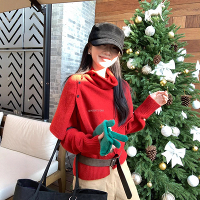 MZI STUDIO 秋冬韩系氛围感开叉下摆套头保暖毛衣女25207(配披肩)