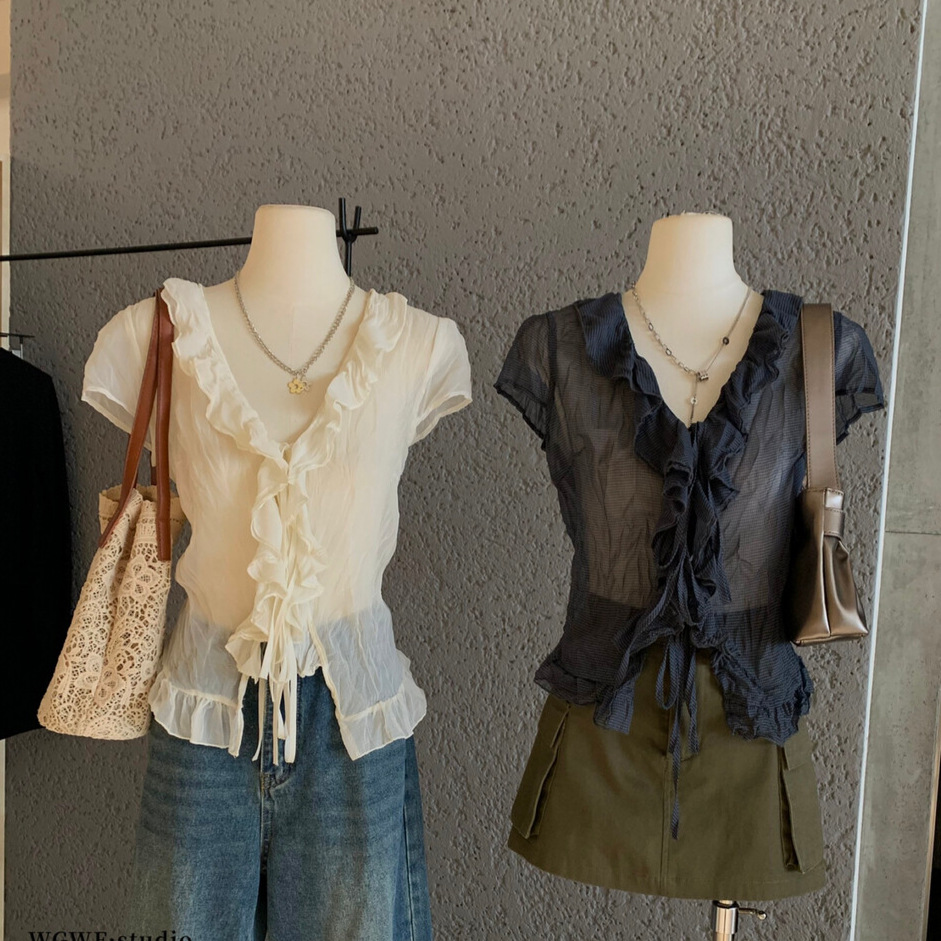 WGWE冷感压皱轻薄荷叶边短袖衬衫秋季女设计感防晒上衣小衫W6765