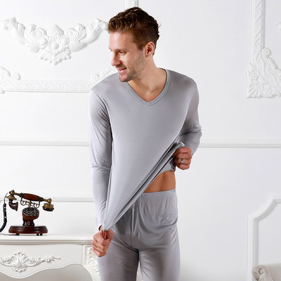 男士V领薄款桑蚕丝针织保暖内衣