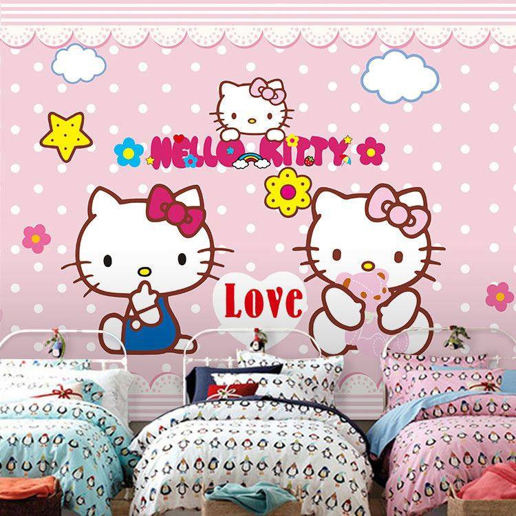 卡通墙纸女孩卧室壁画凯蒂kitty猫日式主题壁画背景墙儿童房壁纸