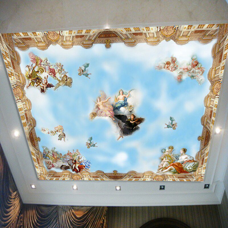 教堂大厅壁画吊顶天花板壁纸 油画西方欧式蓝天白云 天使之顶墙纸