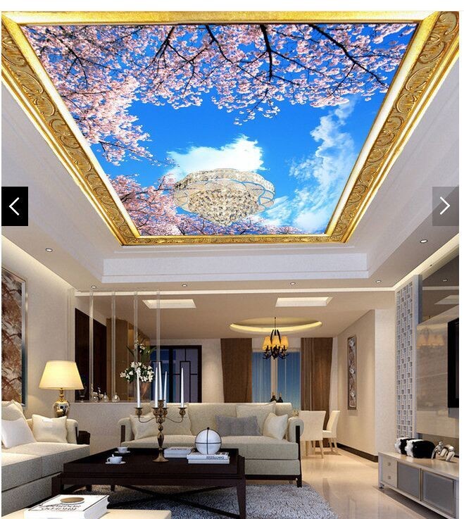 蓝天白云吊顶壁纸樱花树森林客厅卧室壁画酒店KTV天花板天顶墙纸,家装主材,定制壁画,淘宝优惠券,粉丝福利购,淘宝优惠卷