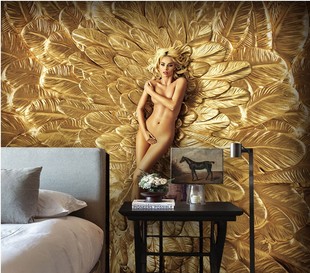 欧式 5D美女写真壁画背景墙客厅酒店羽毛壁纸KTV房间会所奢华墙纸