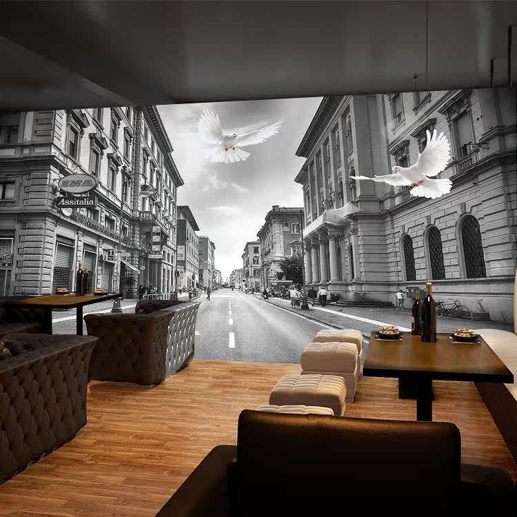 白鸽街道欧美餐厅主题壁纸黑白城市街景壁画酒吧服装店背景墙纸