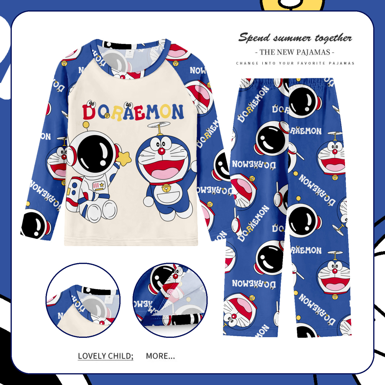 春秋夏小孩子男童女童叮当猫哆啦a梦家居服4-6-8岁儿童空调服睡衣