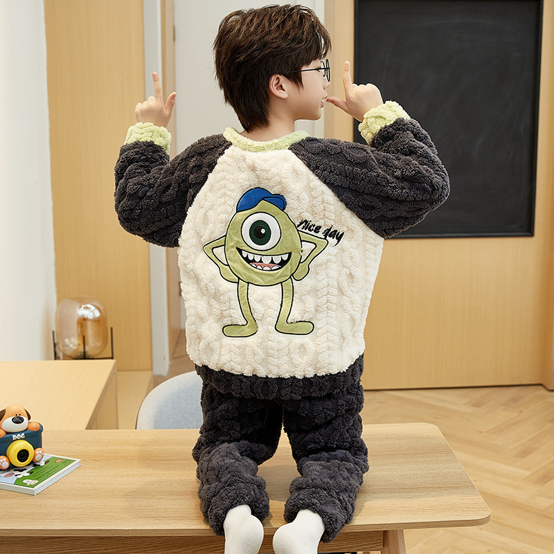 儿童大眼仔睡衣冬季4男孩6男童8法莱绒3-5-7-9岁加厚款保暖长毛绒