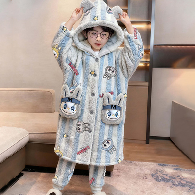 儿童拉布布睡衣男童睡袍长毛绒中长袍冬季加厚加绒冬天小孩子冬装